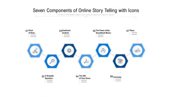 Seven Components Of Online Story Telling With Icons Ppt PowerPoint Presentation Gallery Topics PDF