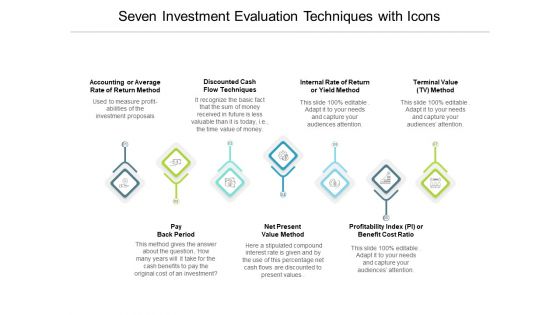 Seven Investment Evaluation Techniques With Icons Ppt PowerPoint Presentation Show Layouts