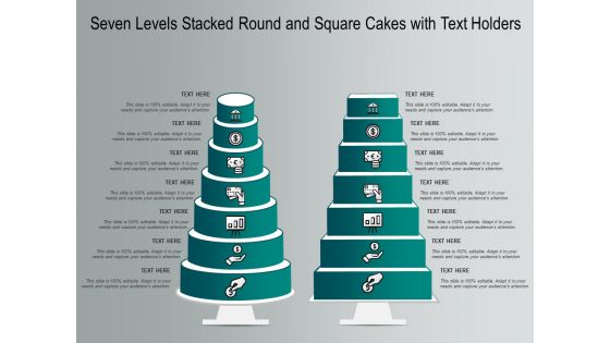 Seven Levels Stacked Round And Square Cakes With Text Holders Ppt PowerPoint Presentation Infographics Styles PDF