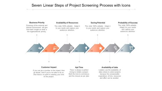 Seven Linear Steps Of Project Screening Process With Icons Ppt PowerPoint Presentation Ideas Templates