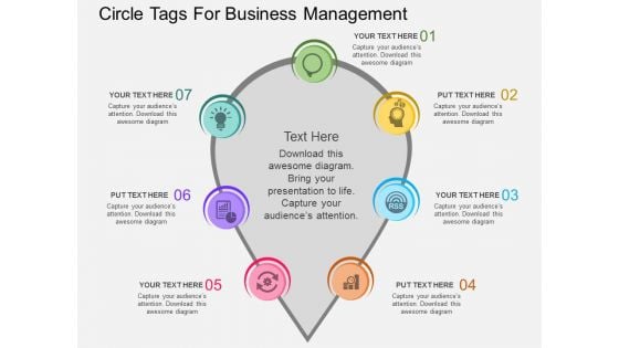 Seven Staged Circle Tags For Business Management Powerpoint Template