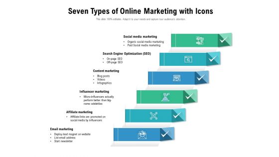 Seven Types Of Online Marketing With Icons Ppt PowerPoint Presentation Pictures Gridlines PDF