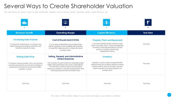 Several Ways To Create Shareholder Valuation Techniques Increase Stakeholder Value Summary PDF