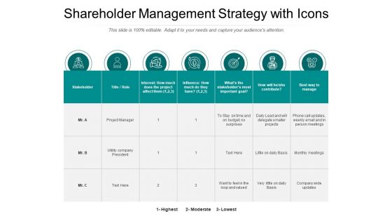 Shareholder Management Strategy With Icons Ppt PowerPoint Presentation File Smartart PDF