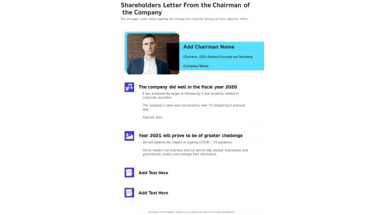 Shareholders Letter From The Chairman Of The Company One Pager Documents Shareholders Letter From The Chairman Of The Company One Pager Documents