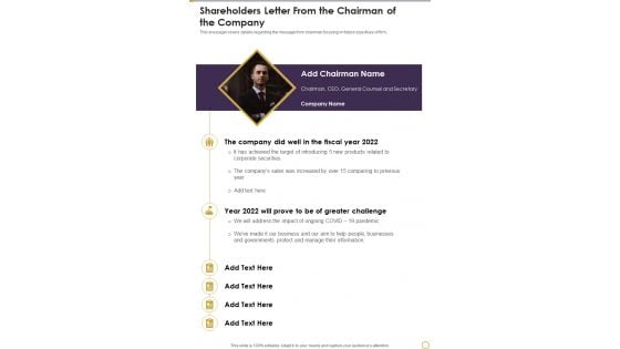 Shareholders Letter From The Chairman Of The Company Template 263 One Pager Documents Shareholders Letter From The Chairman Of The Company Template 263 One Pager Documents