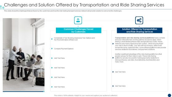 Shipment Services Pitch Deck Challenges And Solution Offered By Transportation And Ride Sharing Services Introduction PDF