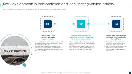 Shipment Services Pitch Deck Key Developments In Transportation And Ride Sharing Service Industry Graphics PDF