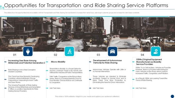 Shipment Services Pitch Deck Opportunities For Transportation And Ride Sharing Service Platforms Inspiration PDF