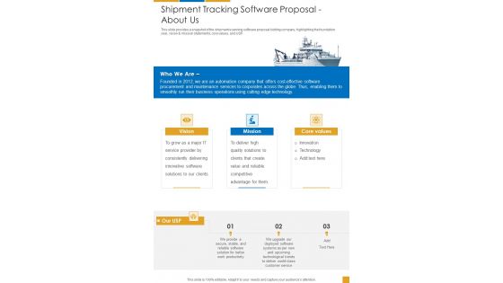 Shipment Tracking Software Proposal About Us One Pager Sample Example Document