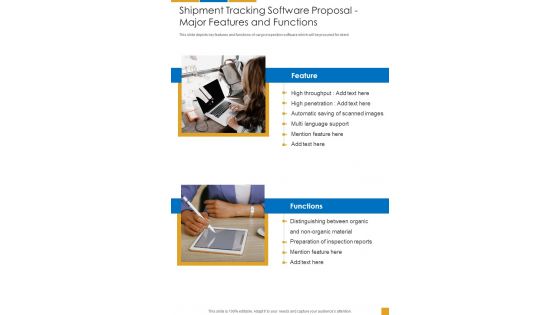 Shipment Tracking Software Proposal Major Features And Functions One Pager Sample Example Document