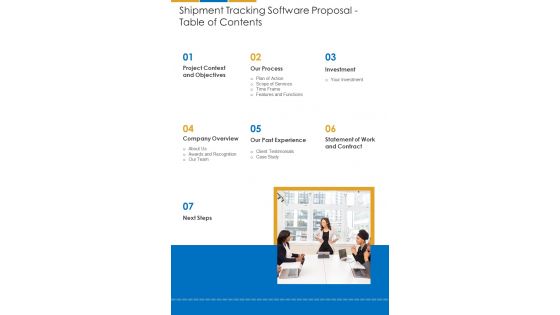 Shipment Tracking Software Proposal Table Of Contents One Pager Sample Example Document