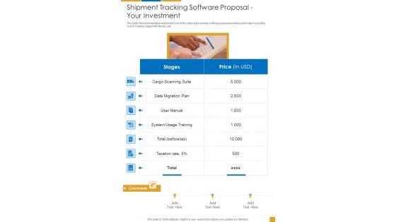 Shipment Tracking Software Proposal Your Investment One Pager Sample Example Document