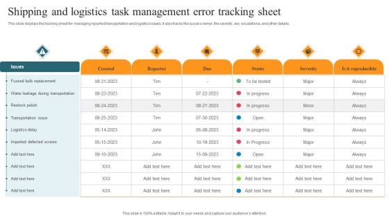 Shipping And Logistics Task Management Error Tracking Sheet Professional PDF