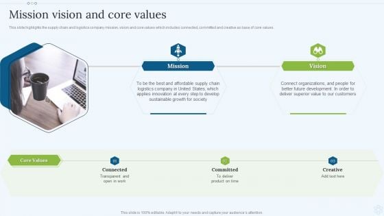 Shipping Services Company Profile Mission Vision And Core Values Infographics PDF