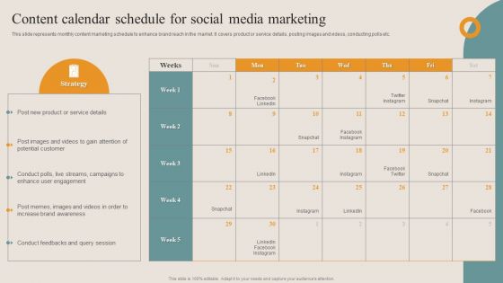 Shopper Advertisement Strategies Content Calendar Schedule For Social Media Marketing Slides PDF