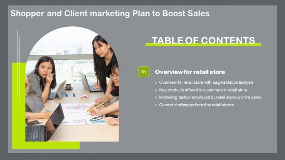 Shopper And Client Marketing Plan To Boost Sales Table Of Contents Diagrams PDF