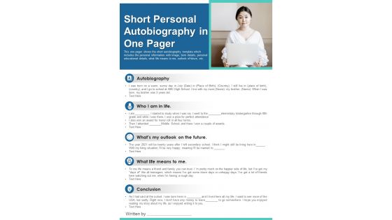 Short Personal Autobiography In One Pager PDF Document PPT Template
