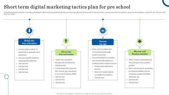 Short Term Digital Marketing Tactics Plan For Pre School Ppt Summary Visuals PDF