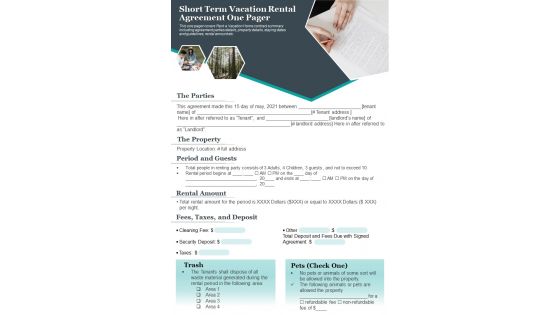 Short Term Vacation Rental Agreement One Pager PDF Document PPT Template