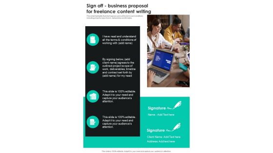 Sign Off Business Proposal For Freelance Content Writing One Pager Sample Example Document Sign Off Business Proposal For Freelance Content Writing One Pager Sample Example Document