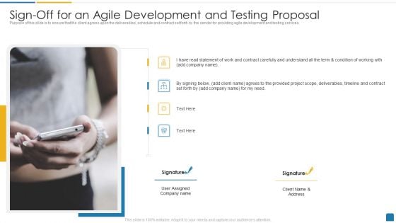 Sign Off For An Agile Development And Testing Proposal Graphics PDF