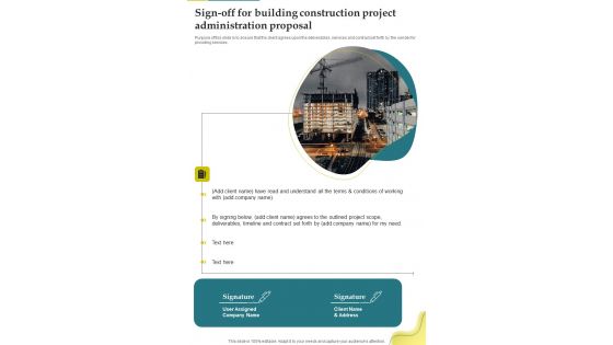 Sign Off For Building Construction Project Administration Proposal One Pager Sample Example Document