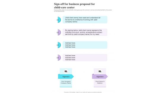 Sign Off For Business Proposal For Child Care Center One Pager Sample Example Document