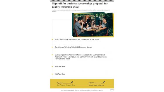 Sign Off For Business Sponsorship Proposal For Reality Television Show One Pager Sample Example Document Sign Off For Business Sponsorship Proposal For Reality Television Show One Pager Sample Example Document