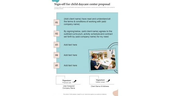 Sign Off For Child Daycare Center Proposal One Pager Sample Example Document