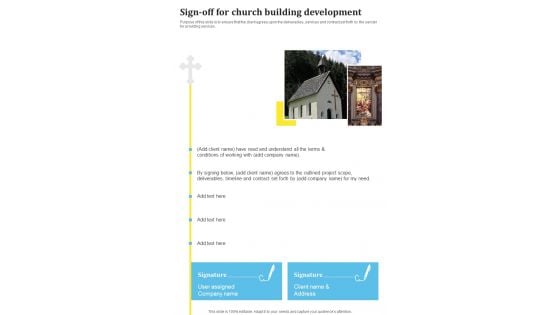 Sign Off For Church Building Development One Pager Sample Example Document