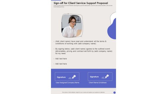 Sign Off For Client Service Support Proposal One Pager Sample Example Document