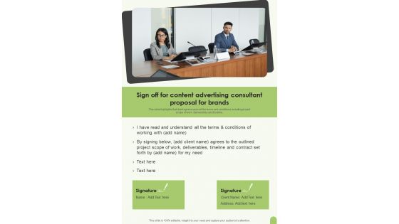 Sign Off For Content Advertising Consultant Proposal For Brands One Pager Sample Example Document Sign Off For Content Advertising Consultant Proposal For Brands One Pager Sample Example Document