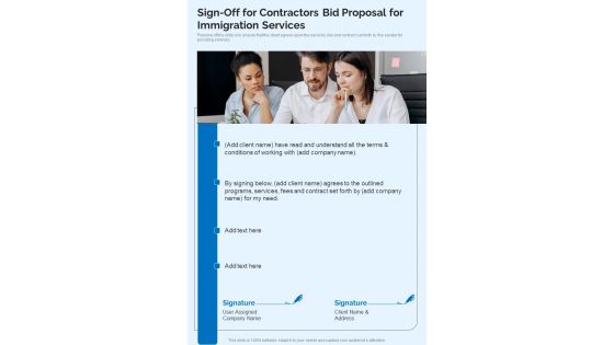 Sign Off For Contractors Bid Proposal For Immigration Services One Pager Sample Example Document Sign Off For Contractors Bid Proposal For Immigration Services One Pager Sample Example Document
