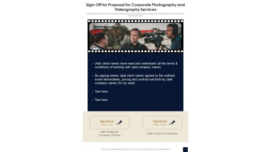 Sign Off For Corporate Photography And Videography Services One Pager Sample Example Document Sign Off For Corporate Photography And Videography Services One Pager Sample Example Document