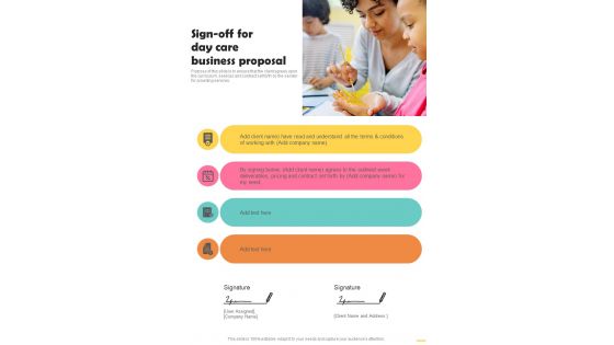 Sign Off For Day Care Business Proposal One Pager Sample Example Document