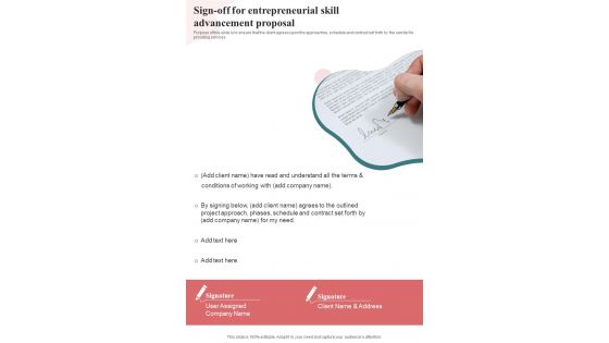 Sign Off For Entrepreneurial Skill Advancement Proposal One Pager Sample Example Document
