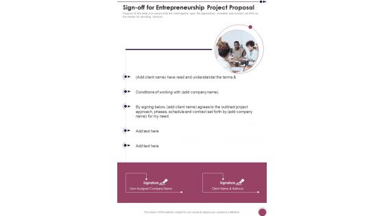 Sign Off For Entrepreneurship Project Proposal One Pager Sample Example Document Sign Off For Entrepreneurship Project Proposal One Pager Sample Example Document