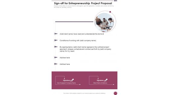 Sign Off For Entrepreneurship Project Proposal One Pager Sample Example Document