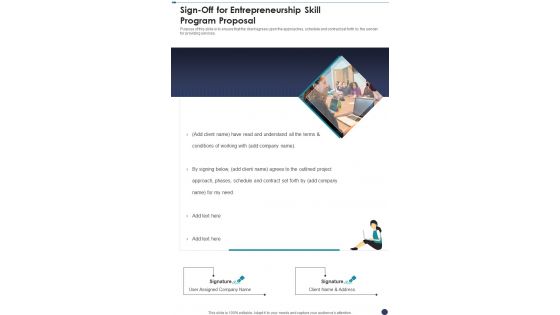 Sign Off For Entrepreneurship Skill Program Proposal One Pager Sample Example Document