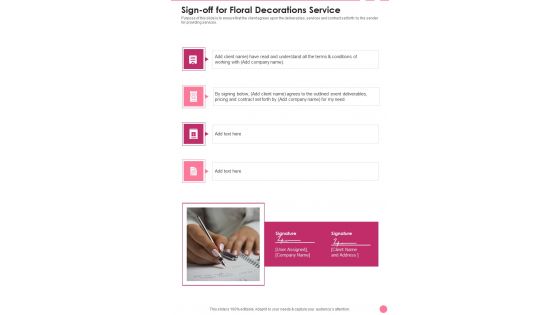 Sign Off For Floral Decorations Service One Pager Sample Example Document