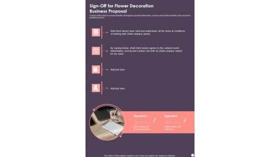 Sign Off For Flower Decoration Business Proposal One Pager Sample Example Document