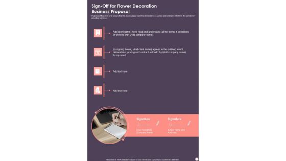 Sign Off For Flower Decoration Business Proposal One Pager Sample Example Document Sign Off For Flower Decoration Business Proposal One Pager Sample Example Document
