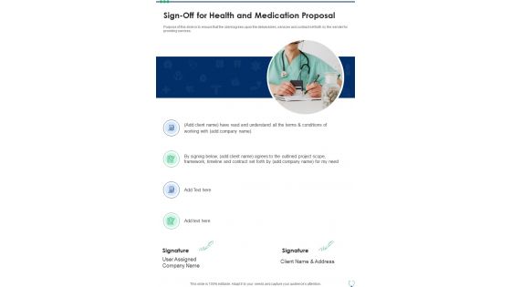 Sign Off For Health And Medication Proposal One Pager Sample Example Document