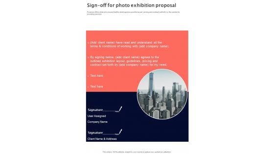 Sign Off For Photo Exhibition Proposal One Pager Sample Example Document