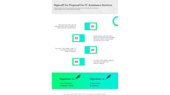 Sign Off For Proposal For IT Assistance Services One Pager Sample Example Document