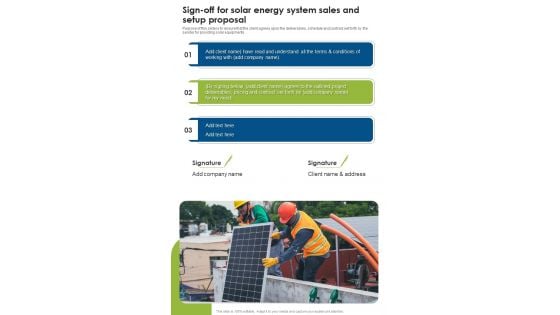 Sign Off For Solar Energy System Sales And Setup Proposal One Pager Sample Example Document