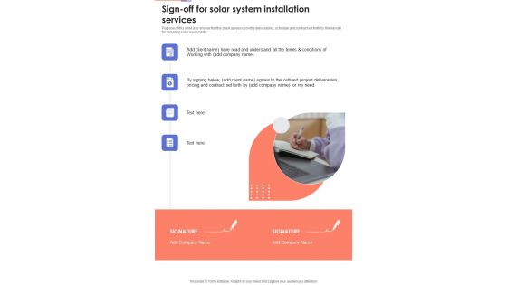 Sign Off For Solar System Installation Services One Pager Sample Example Document