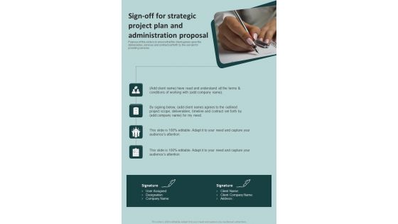 Sign Off For Strategic Project Plan And Administration Proposal One Pager Sample Example Document