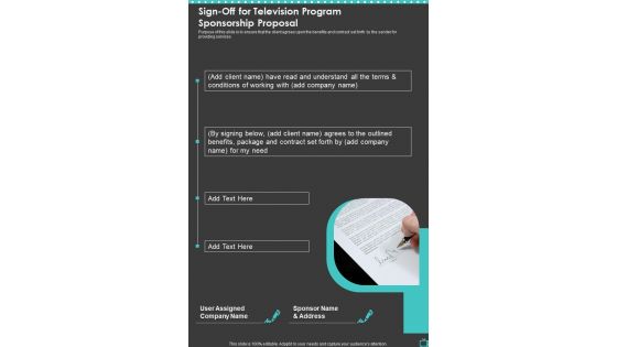 Sign Off For Television Program Sponsorship Proposal One Pager Sample Example Document Sign Off For Television Program Sponsorship Proposal One Pager Sample Example Document